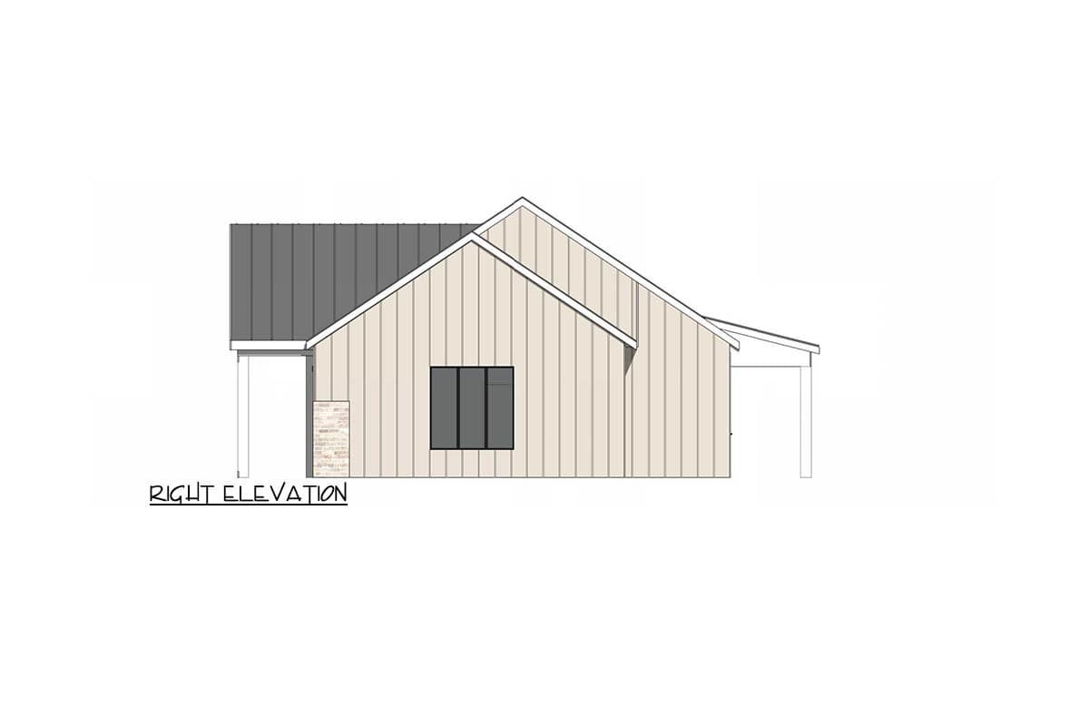 Architectural rendering of a house's side view. The home features light-colored siding, a dark gray roof, and a small porch.