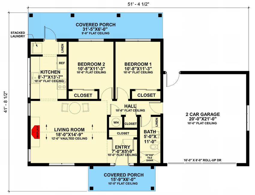 Plan 421021HFC: 2-Bed New American Cottage House Plan with Galley Kitchen - 924 Sq Ft - Floor Plan - Main Level - Cottage, Country, Modern Farmhouse, New American, Ranch, Traditional