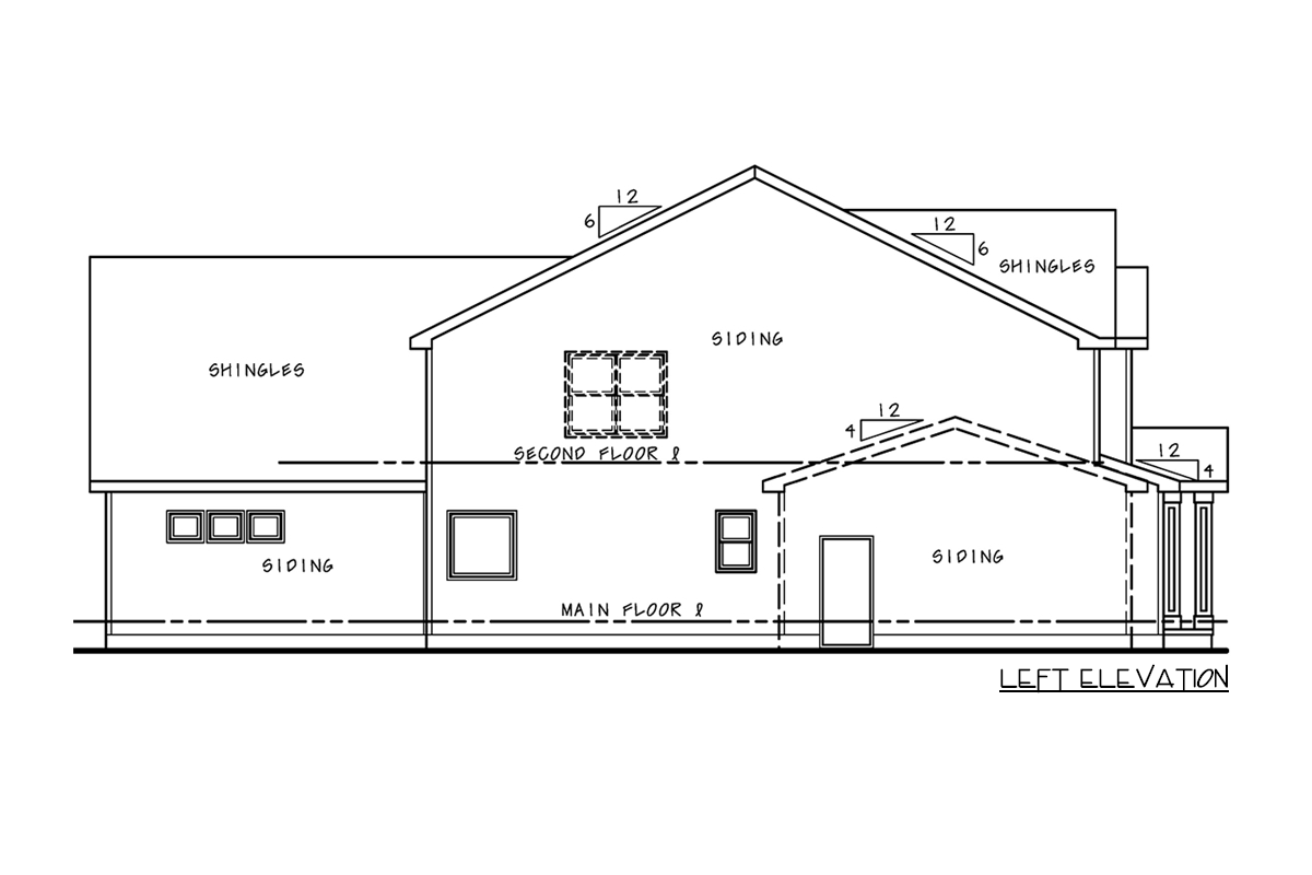 Left elevation of a two-story house plan with shingled roof, siding, and multiple windows.
