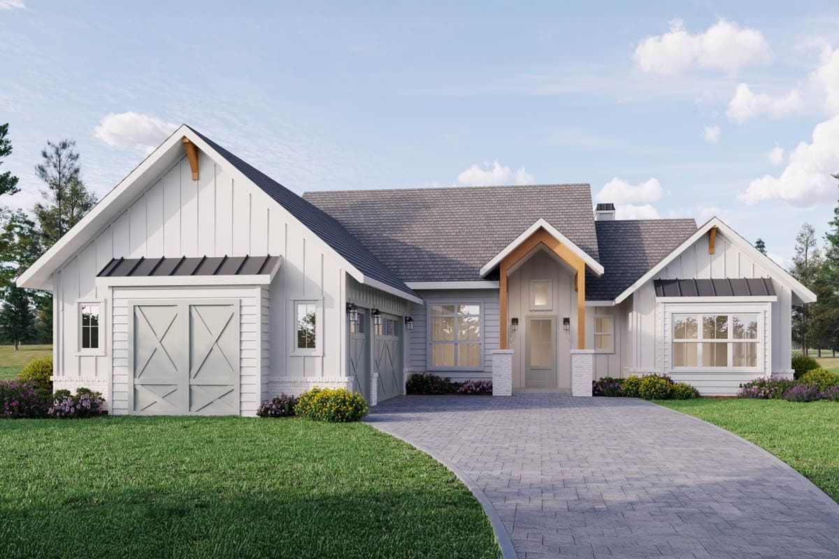 House plan exterior. Modern Farmhouse style with gabled rooflines, exposed timber elements, and attached garage. Includes a covered front entry.