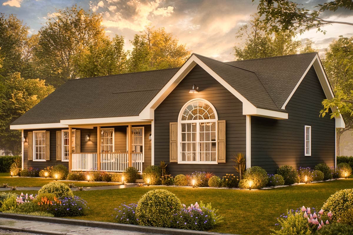 House plan exterior: Ranch style, one story, with a covered front porch, gables, and an arched window.