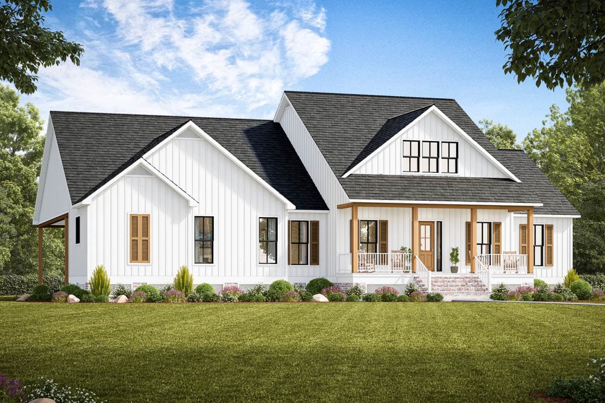 Modern Farmhouse style house plan exterior with white board and batten siding, gables, a covered porch, and dormer windows.