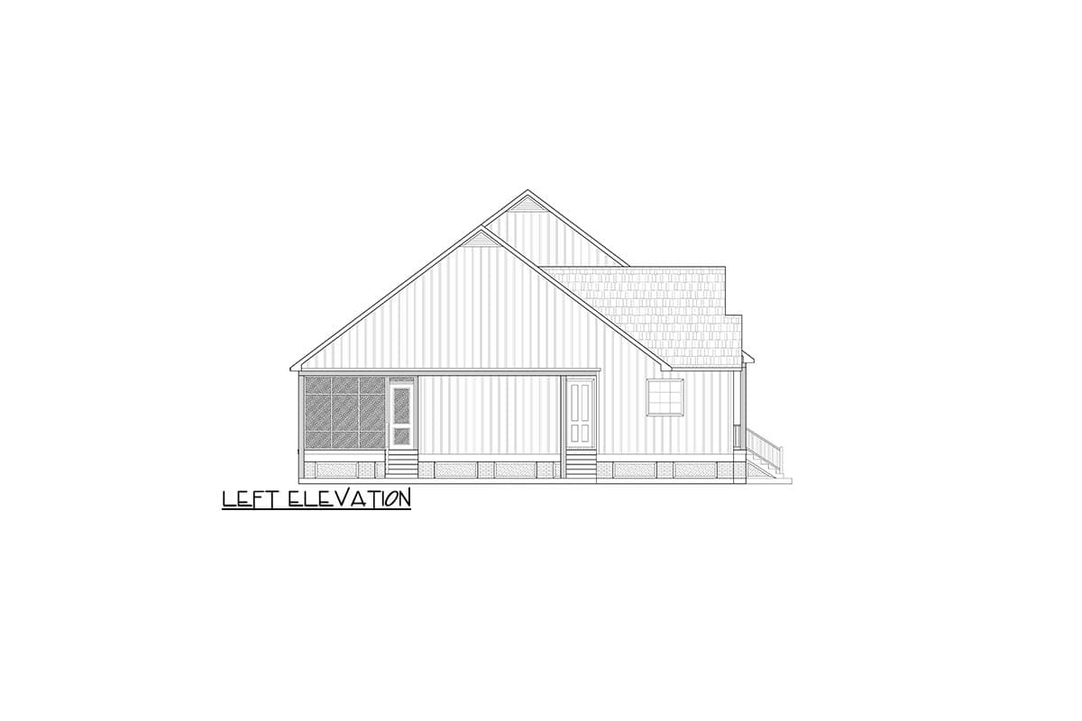 Left elevation drawing of a house plan featuring a screened porch, front door, and a small window.