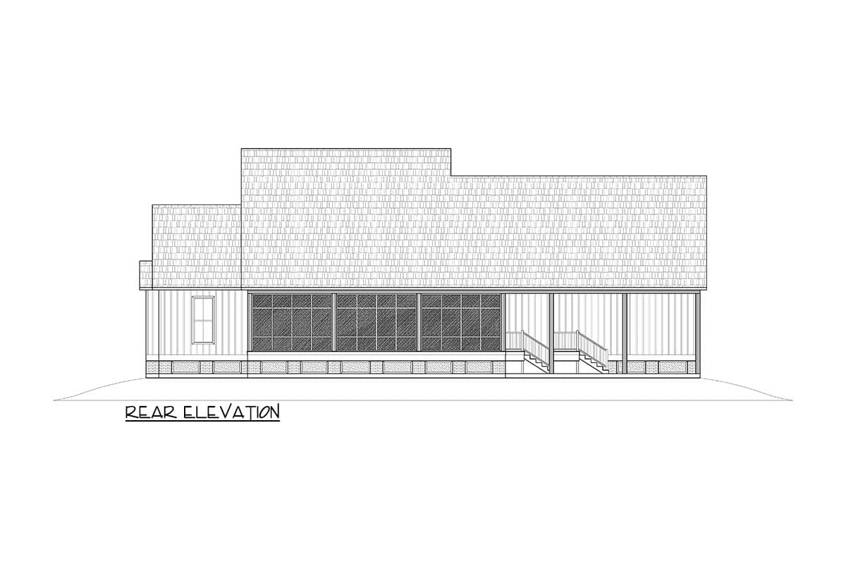 Rear elevation drawing of a house plan featuring a multi-level roofline, a wall of windows, and a covered porch with stairs.