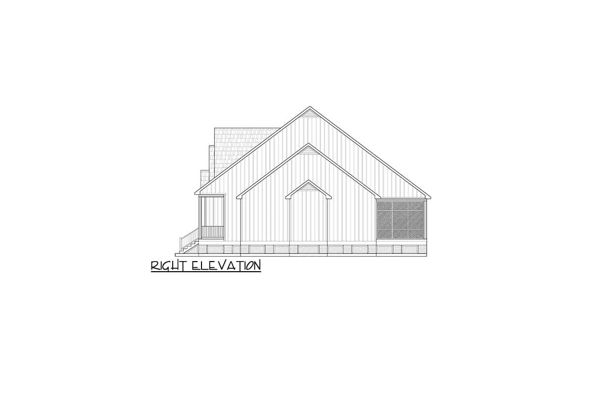 Right elevation drawing of a house plan featuring a prominent gable, a screened porch, and a side porch.
