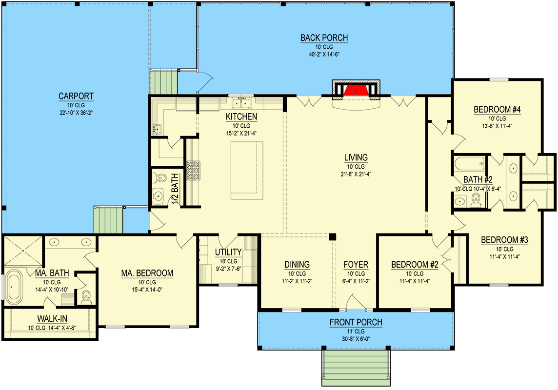 Plan 170002ADS: 4-Bed Modern Farmhouse Plan with Open Concept Floor Plan - 2444 Sq Ft - Floor Plan - Main Level - Modern Farmhouse, New American, Traditional