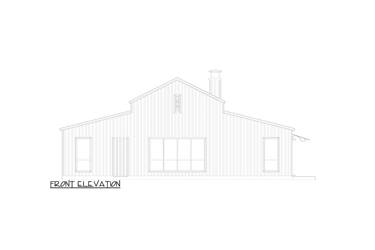 Front elevation drawing of a two-story house plan with vertical siding, large central windows, a chimney, and a single-story side section.