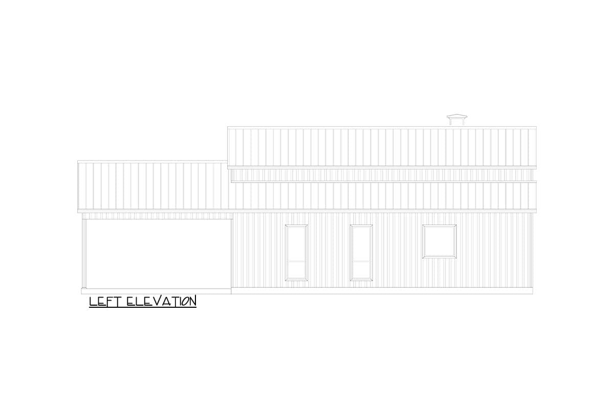 Left elevation house plan drawing showing a house with a porch, horizontal siding, and metal roof.
