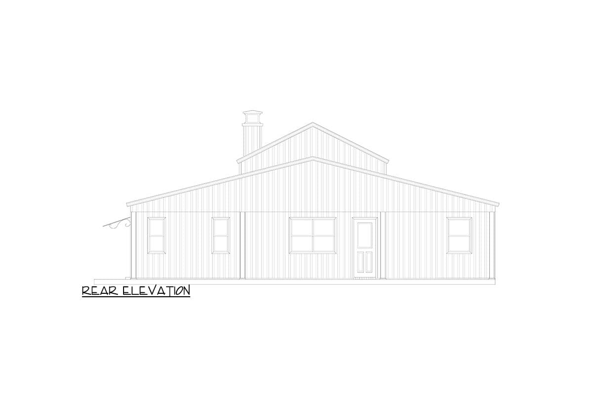 Rear elevation drawing of a house plan showing a gable roof, chimney, multiple windows, and a central door.