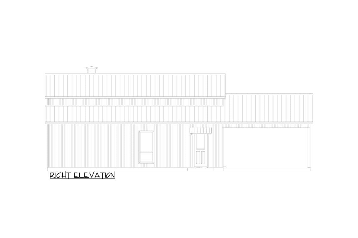 Right elevation drawing of a house plan featuring a porch, double door, and pitched roof.