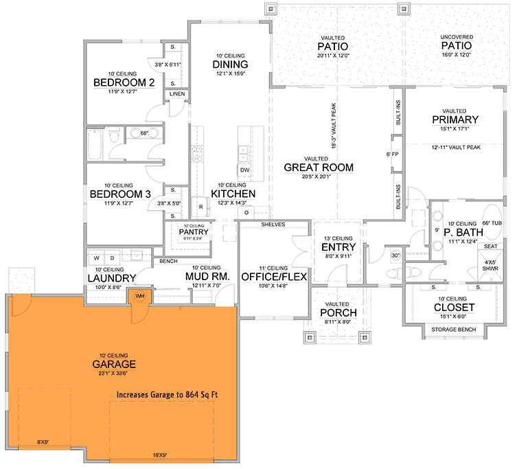 Plan 365057PED: 3 or 5 Bed Single-Story Craftsman House Plan with Vaulted Great Room - 2500 Sq Ft - Floor Plan - Main Level - Front Garage Option ($ Paid Option) - Craftsman, Mountain