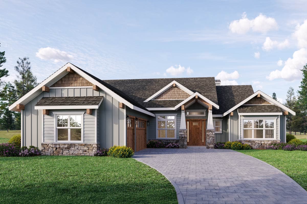 House plan exterior. Craftsman style, one story, with gables, stone accents, and a covered entry. Features include a garage.