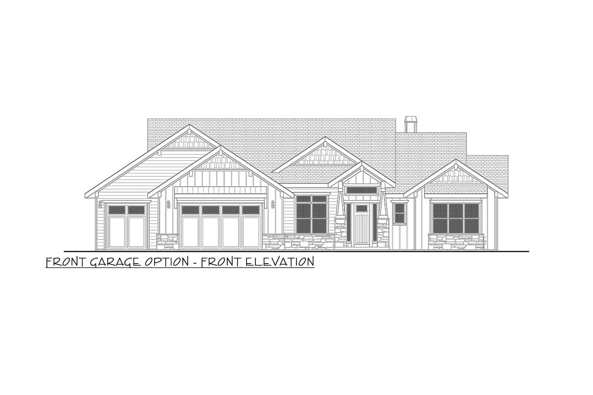 Front elevation drawing of a house plan with a wide gable roof, multiple gables, and a three-car garage.