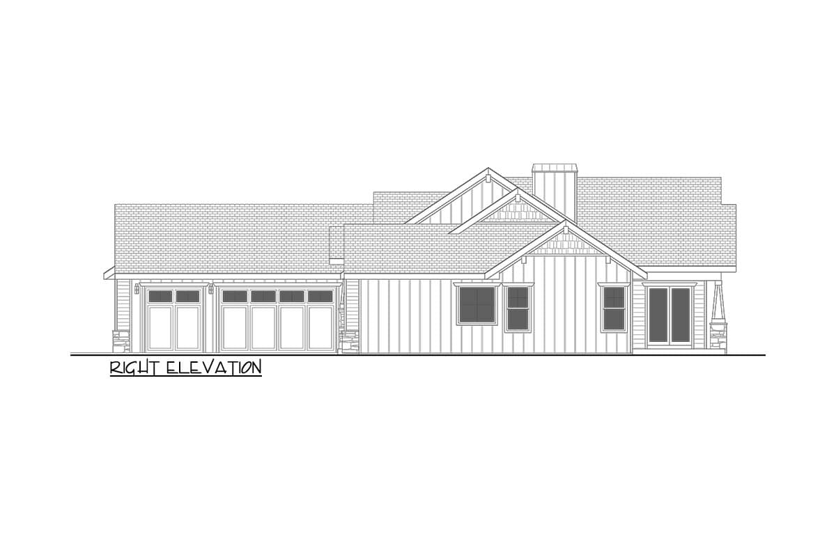 Right elevation house plan drawing with two-car garage, gables, board-and-batten siding, and a covered porch.