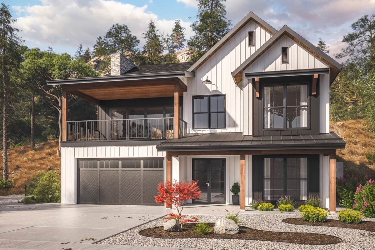 House plan exterior featuring Modern Farmhouse style with two stories. Notable elements include a covered porch, gabled roof, and two-car garage.