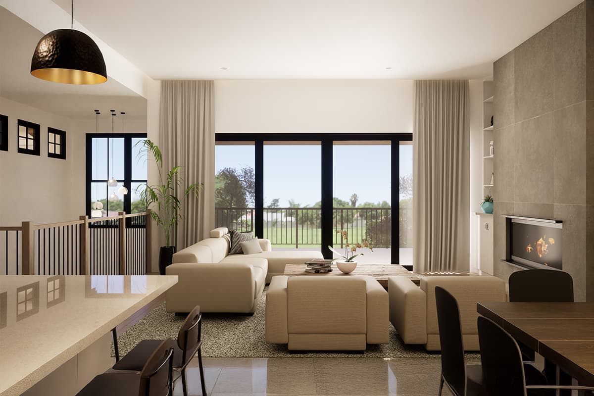 Interior rendering of a living room with sectional sofa, fireplace, large windows, and a modern pendant light.