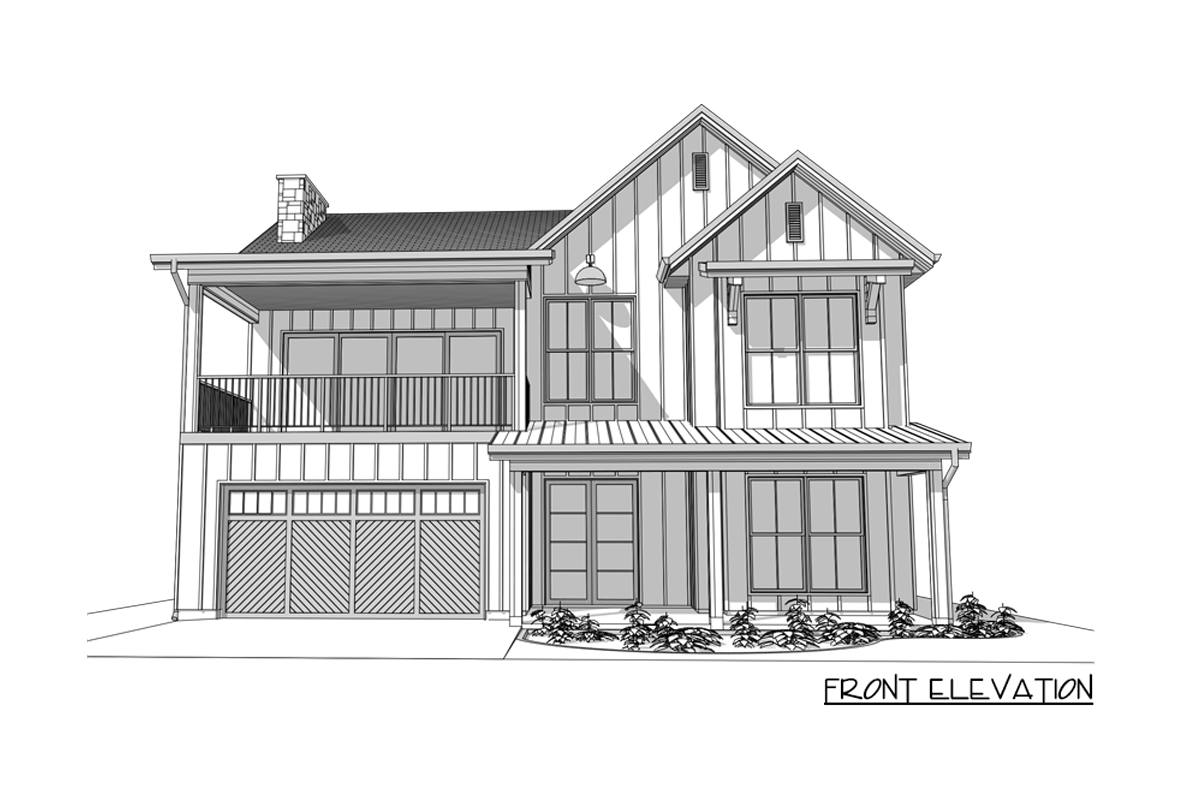 Front elevation house plan drawing with gables, board and batten siding, a covered balcony, and a two-car garage.