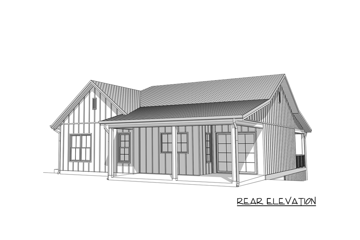Rear elevation of a one-story house plan with board-and-batten siding, gabled dormer, and covered porch.