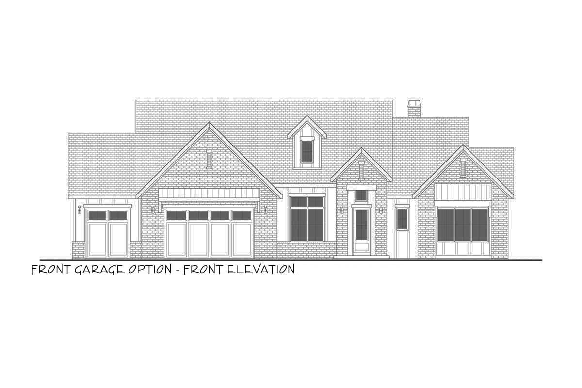 Front elevation drawing of a one-story house plan with a three-car garage, gabled dormer, and brick accents.
