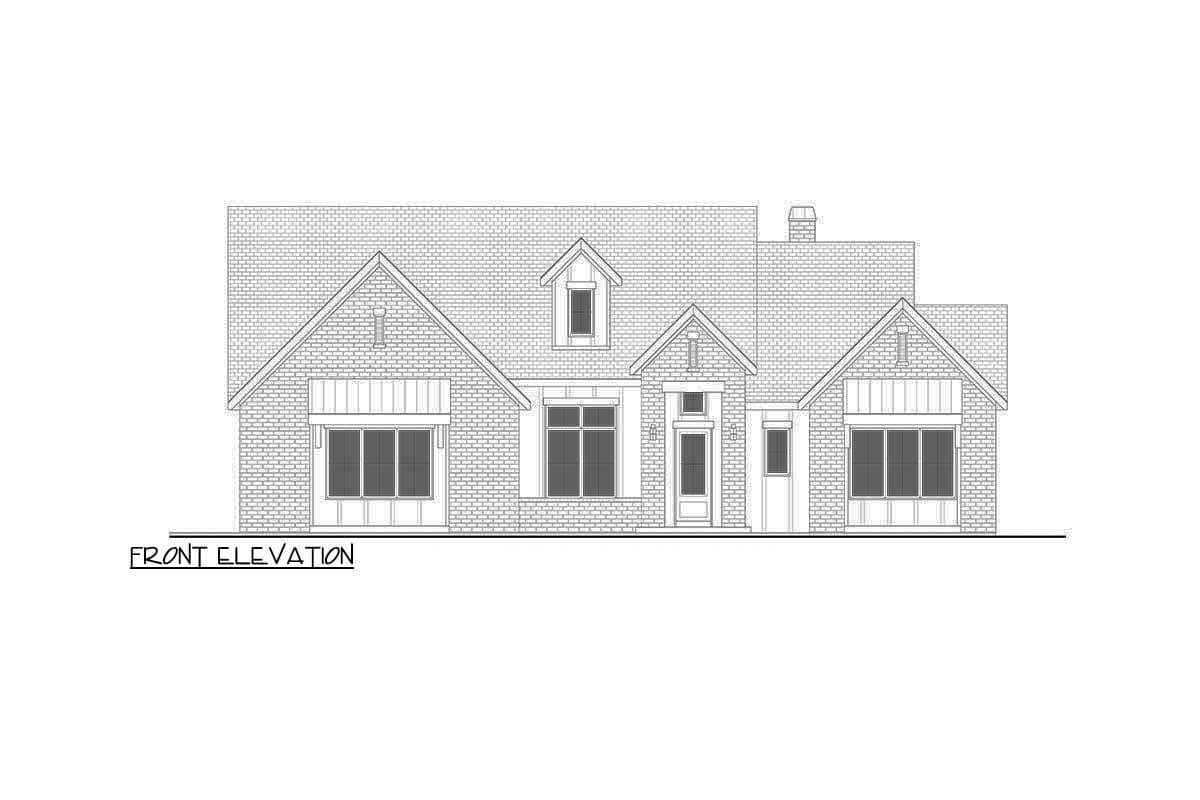 Front elevation house plan with brick exterior, multiple gables, dormer, and prominent windows.