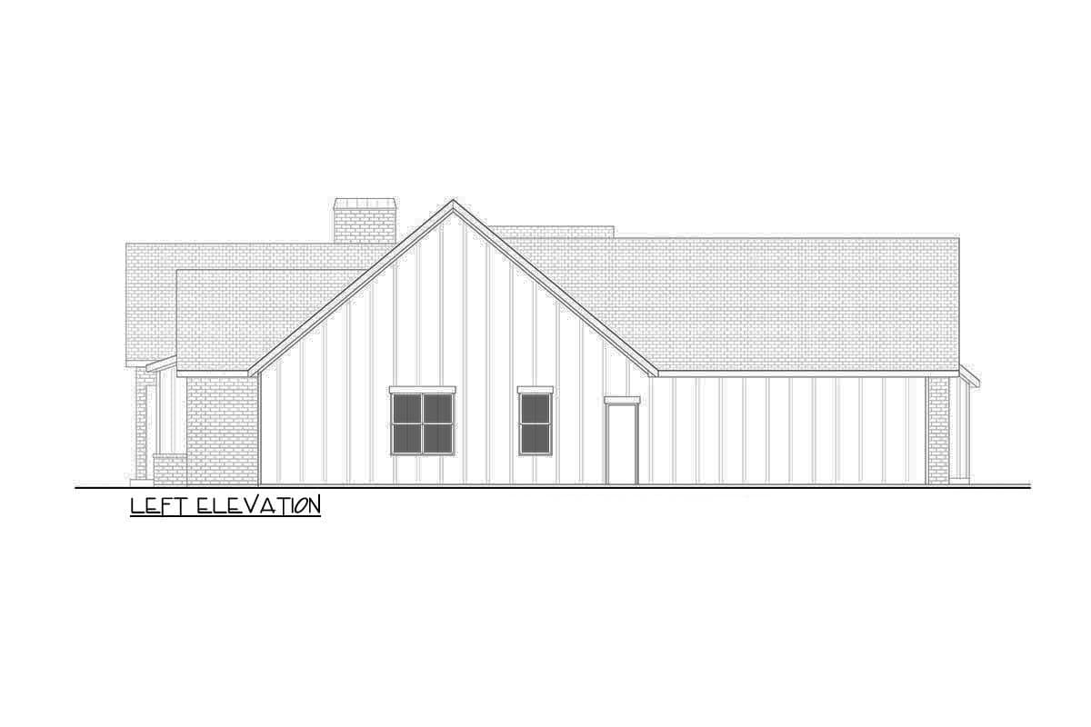 Left elevation of a house plan showing gabled roof, vertical siding, brick accents, chimney, and windows.