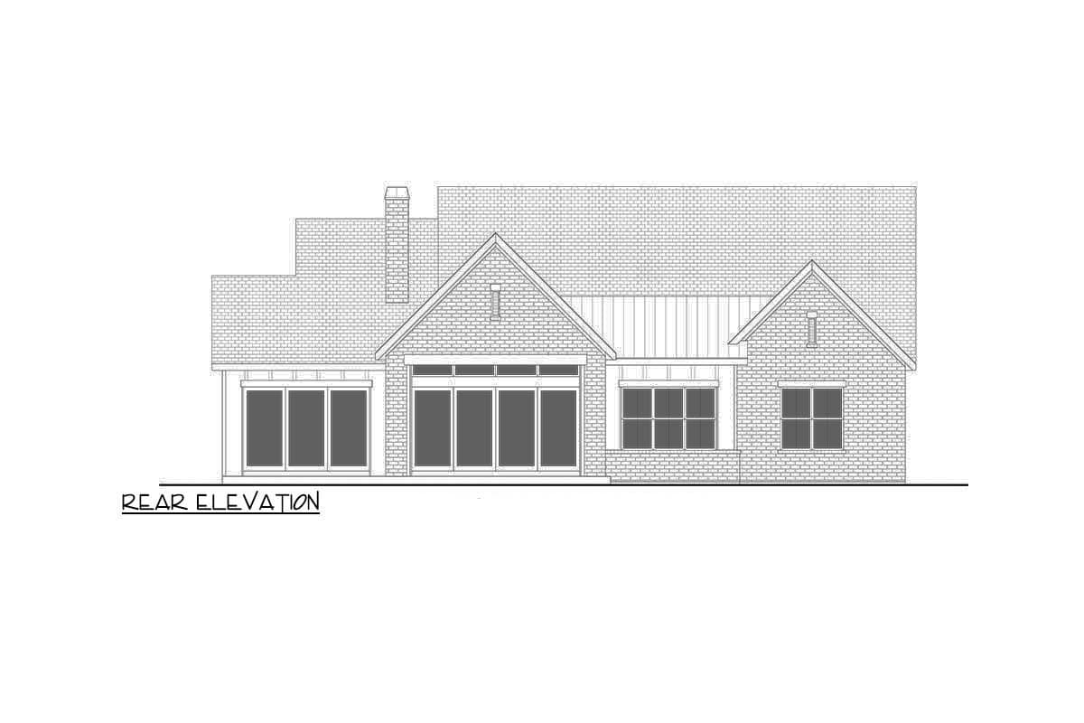 Rear elevation drawing of a house plan with brick exterior, multiple gables, and large sliding glass doors.