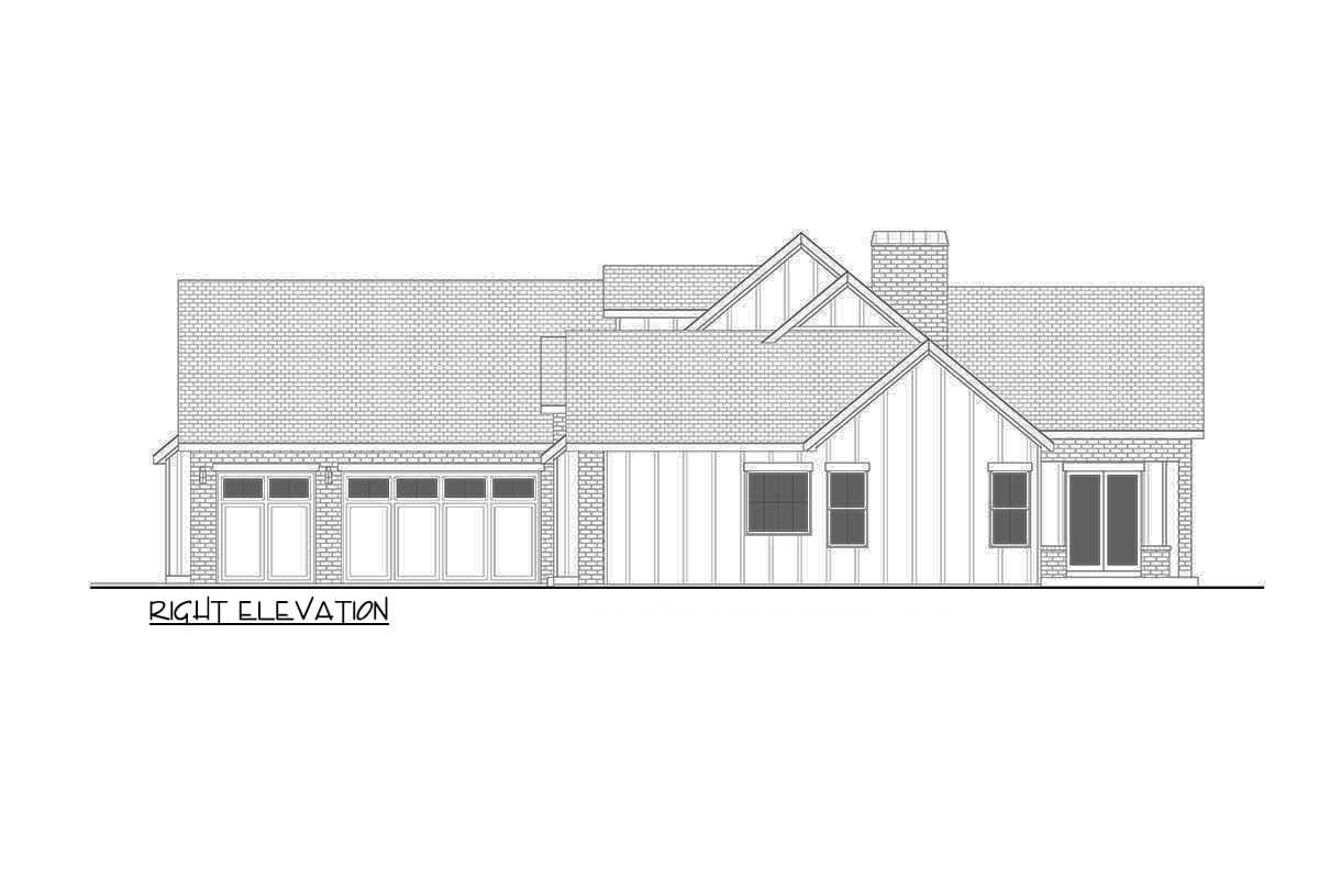 Right elevation house plan with a three-car garage, gabled rooflines, vertical siding, brick accents, and a chimney.