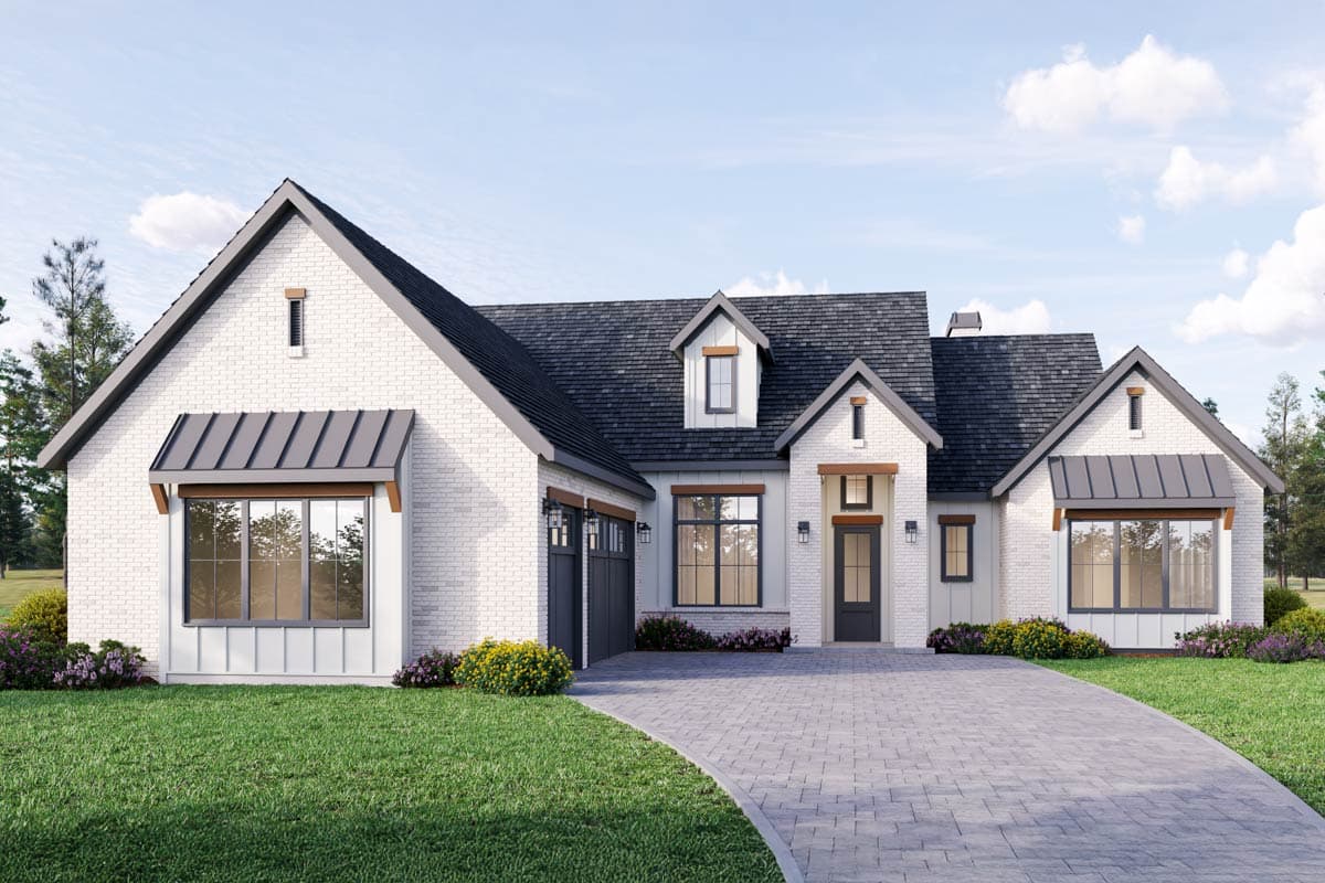 House plan exterior with Modern Farmhouse style. Features include a brick facade, gabled rooflines, metal awnings, and a two-car garage.