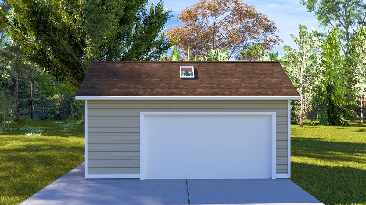 House plan exterior. One-story garage with gable roof, horizontal siding, and an overhead garage door. Features a small roof vent.