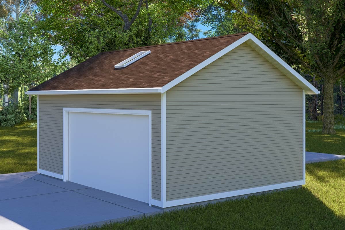 House plan exterior of a one-story garage with a gable roof, single garage door, and skylight.