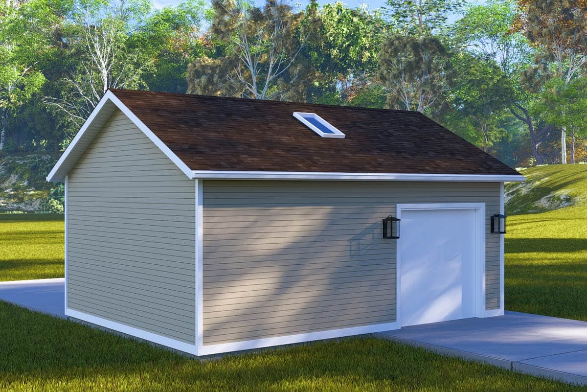 House plan exterior featuring a gabled roof with skylight, horizontal siding, and a single garage door with flanking lanterns.