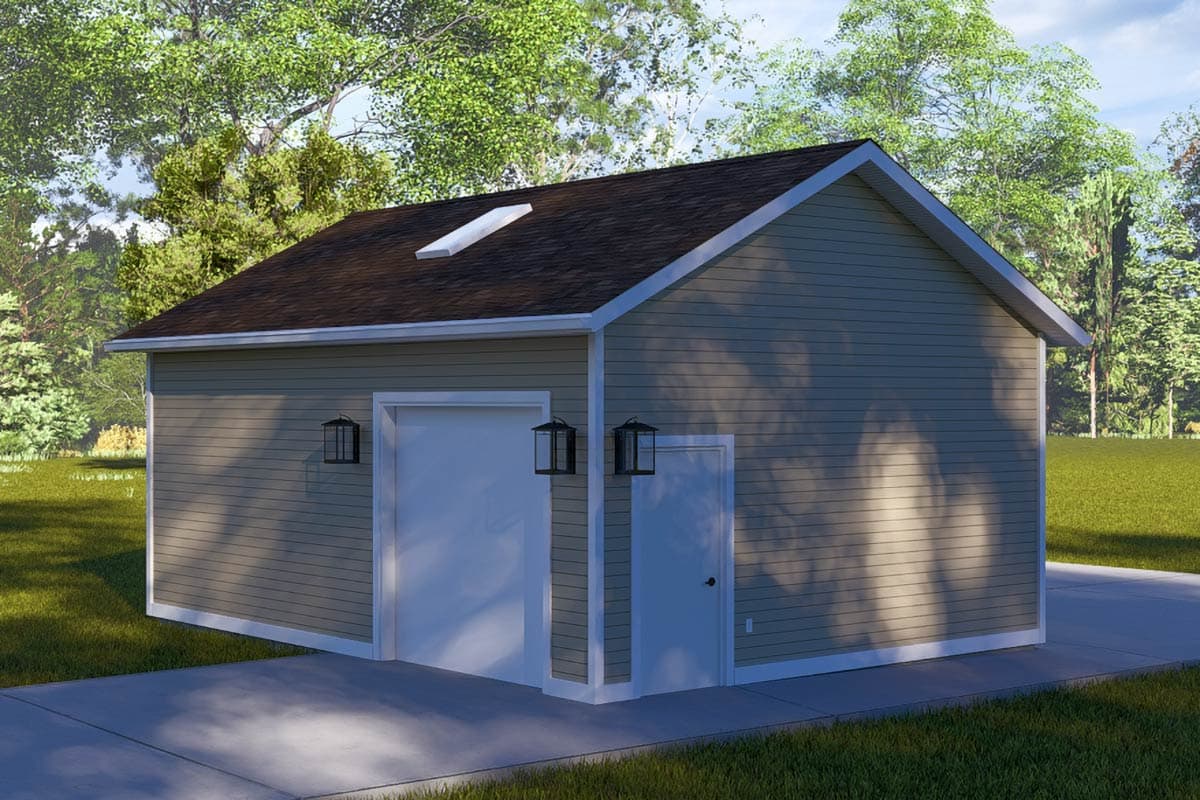 House plan exterior of a one-story garage with a gable roof, siding, a garage door, and a side entry door.