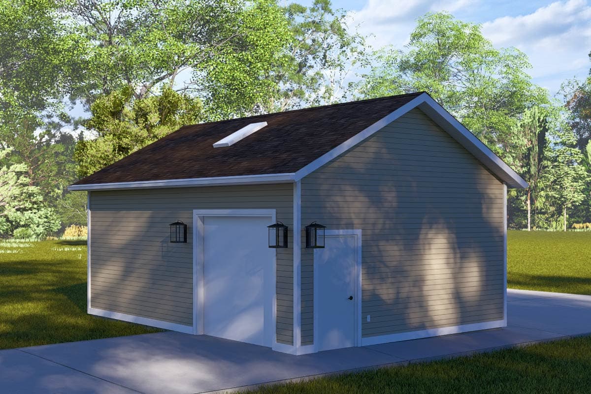 House plan exterior with two garage doors, one pedestrian door, and pitched roof.