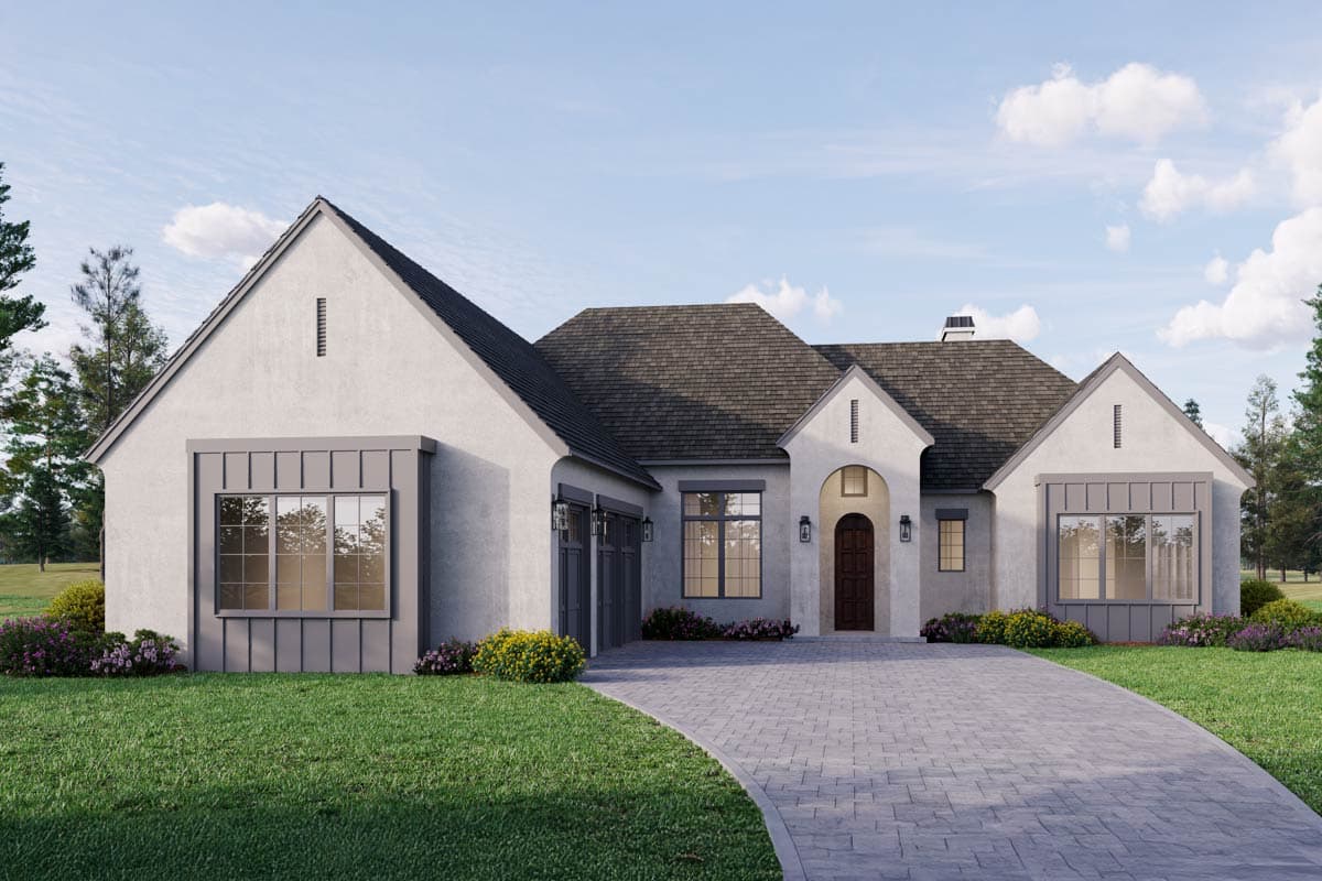 House plan exterior. One-story stucco home with gables, a covered entry, and a side-entry garage. Dark shingle roof and window trim.
