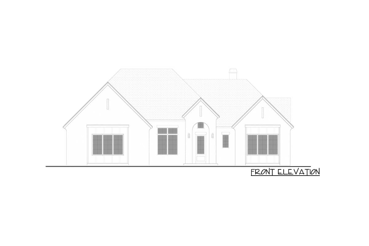 Front elevation drawing of a one-story house plan with a prominent gabled entrance, multiple gables, and varied window styles.