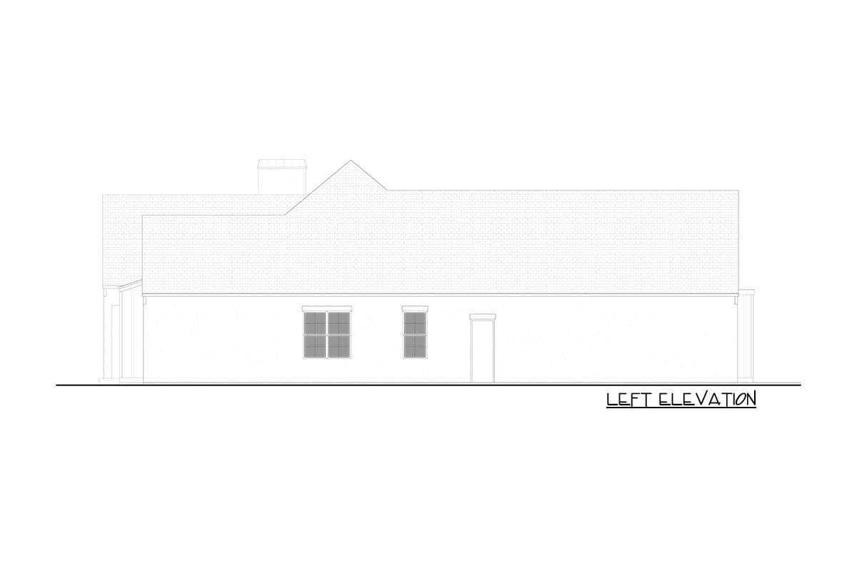 Left elevation drawing of a house plan showing roofline, chimney, two windows, and a door.