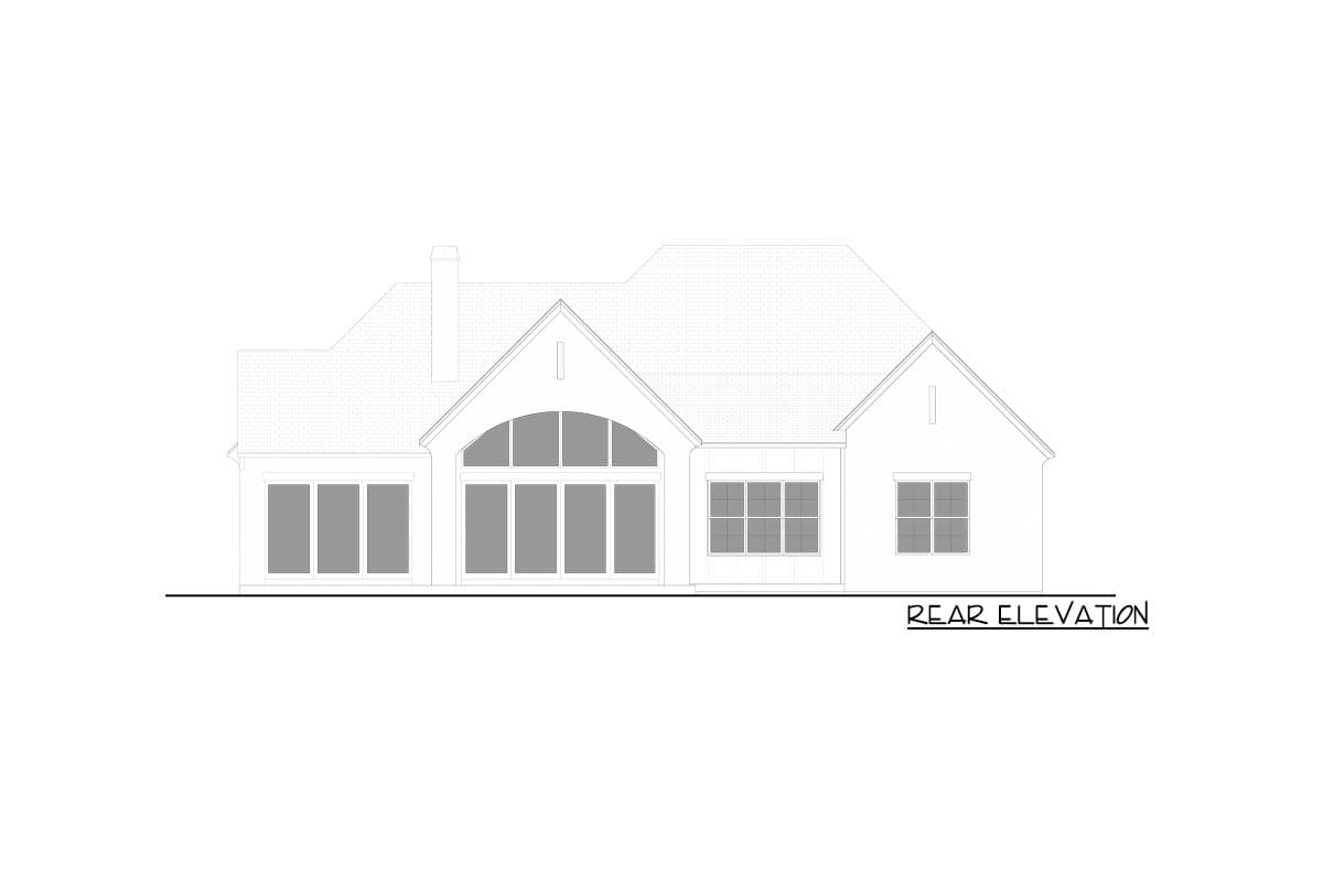 Rear elevation drawing of a house plan featuring a central arched window and a prominent gable.