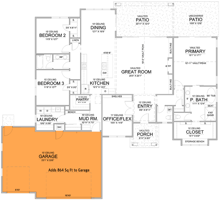 Plan 365059PED: 3 or 5 Bed Tudor-Style House Plan with Split-Bedroom Layout and Office or Flex Room - 2500 Sq Ft - Floor Plan - Main Level - Front Garage Option ($ Paid Option) - European, Tudor