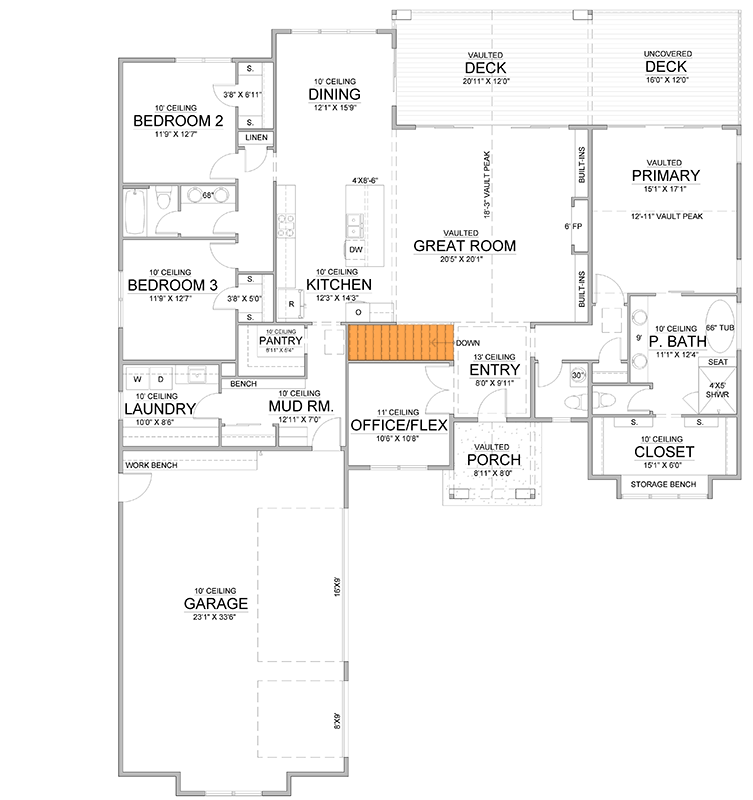 Plan 365059PED: 3 or 5 Bed Tudor-Style House Plan with Split-Bedroom Layout and Office or Flex Room - 2500 Sq Ft - Floor Plan - Main Level - Basement Stairs Location - European, Tudor