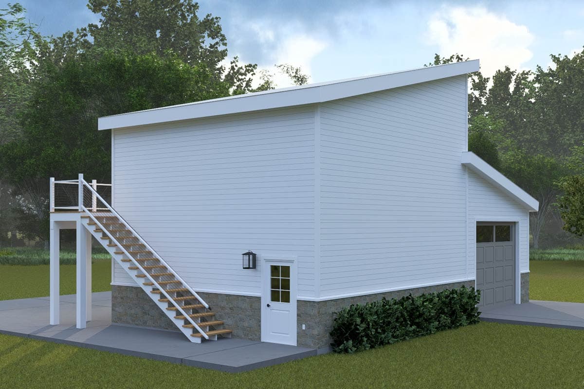 Modern house plan exterior with white horizontal siding, shed roof, attached garage, and exterior stairs leading to a deck.