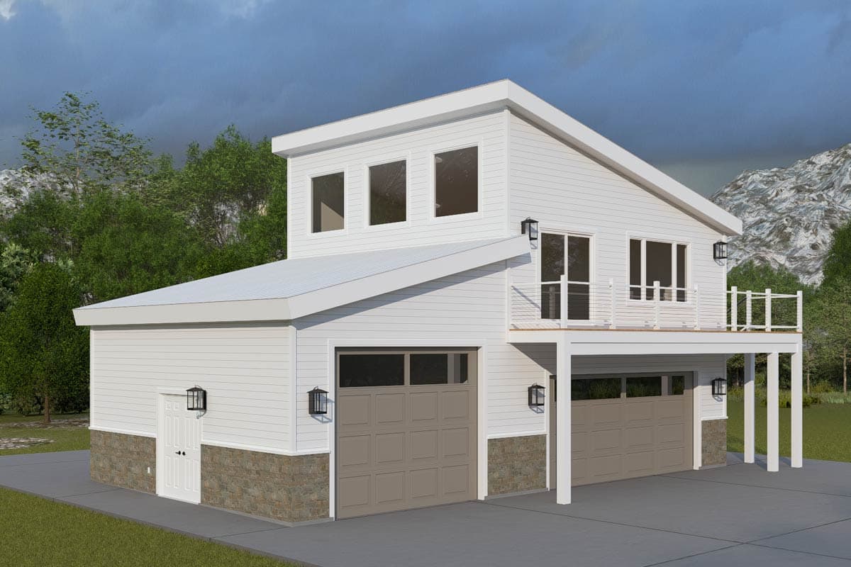 Modern house plan exterior with two-car garage, second-story balcony, and stone wainscoting.
