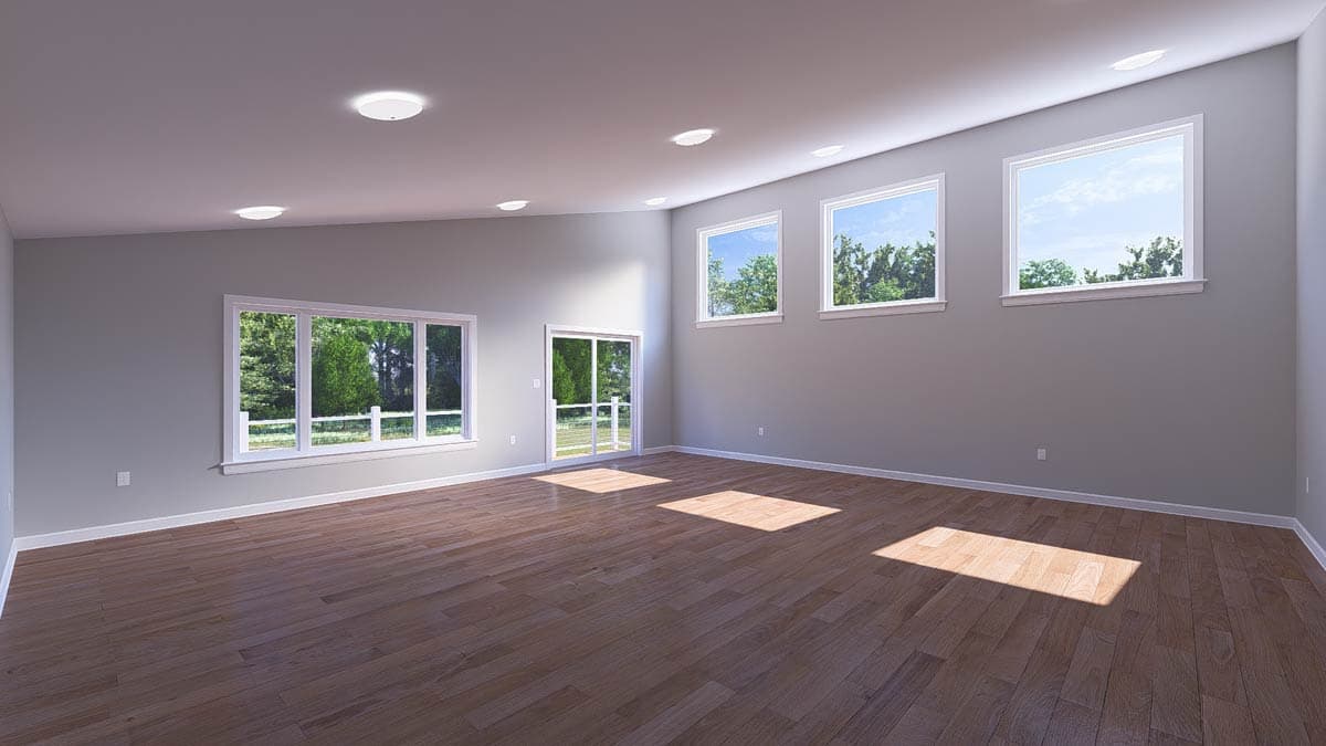 Interior rendering of an open-concept living space with a vaulted ceiling, large windows, and a sliding glass door.