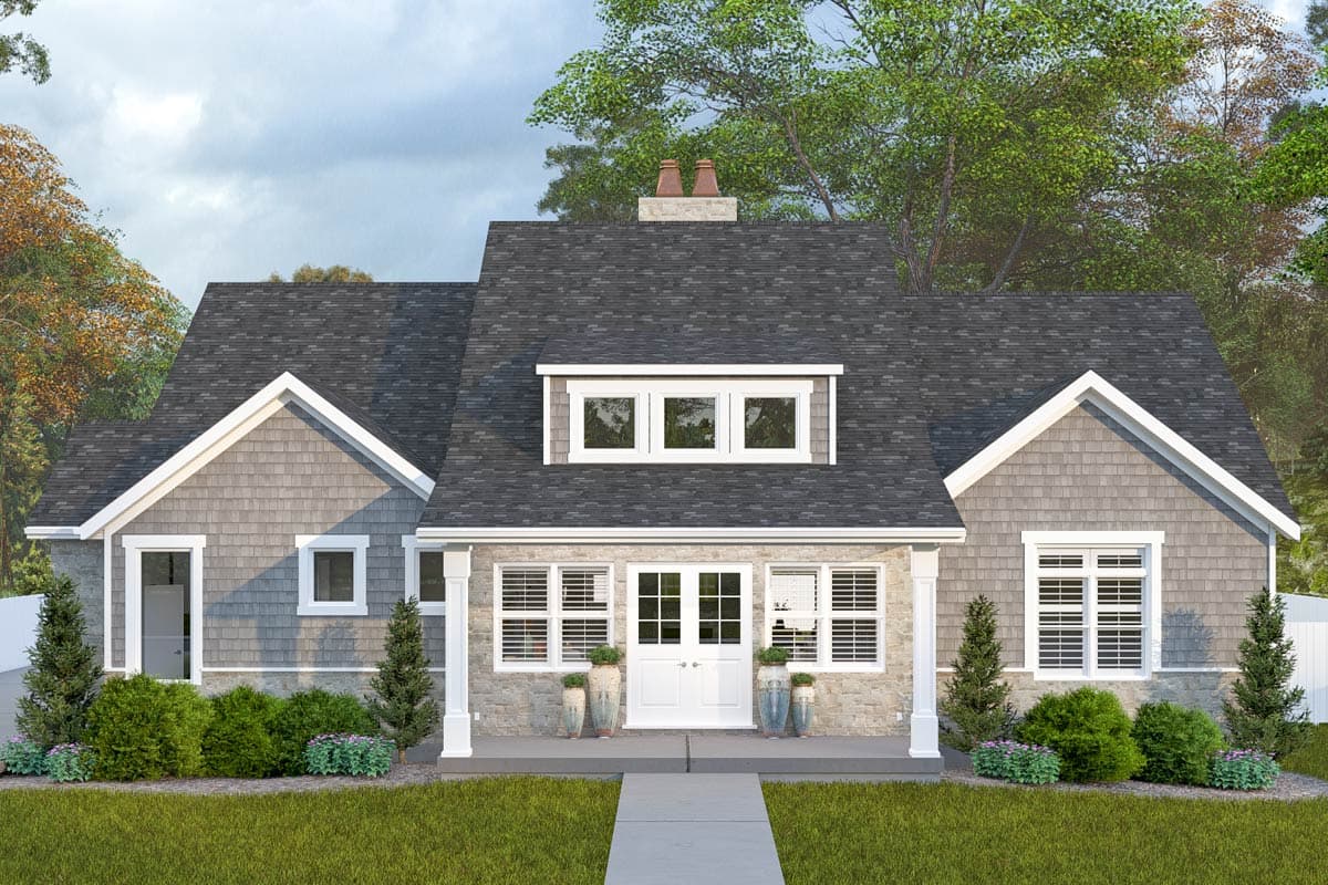 House plan exterior. Two-story Craftsman home with gabled roof, stone veneer, front porch with columns, and dormer windows.