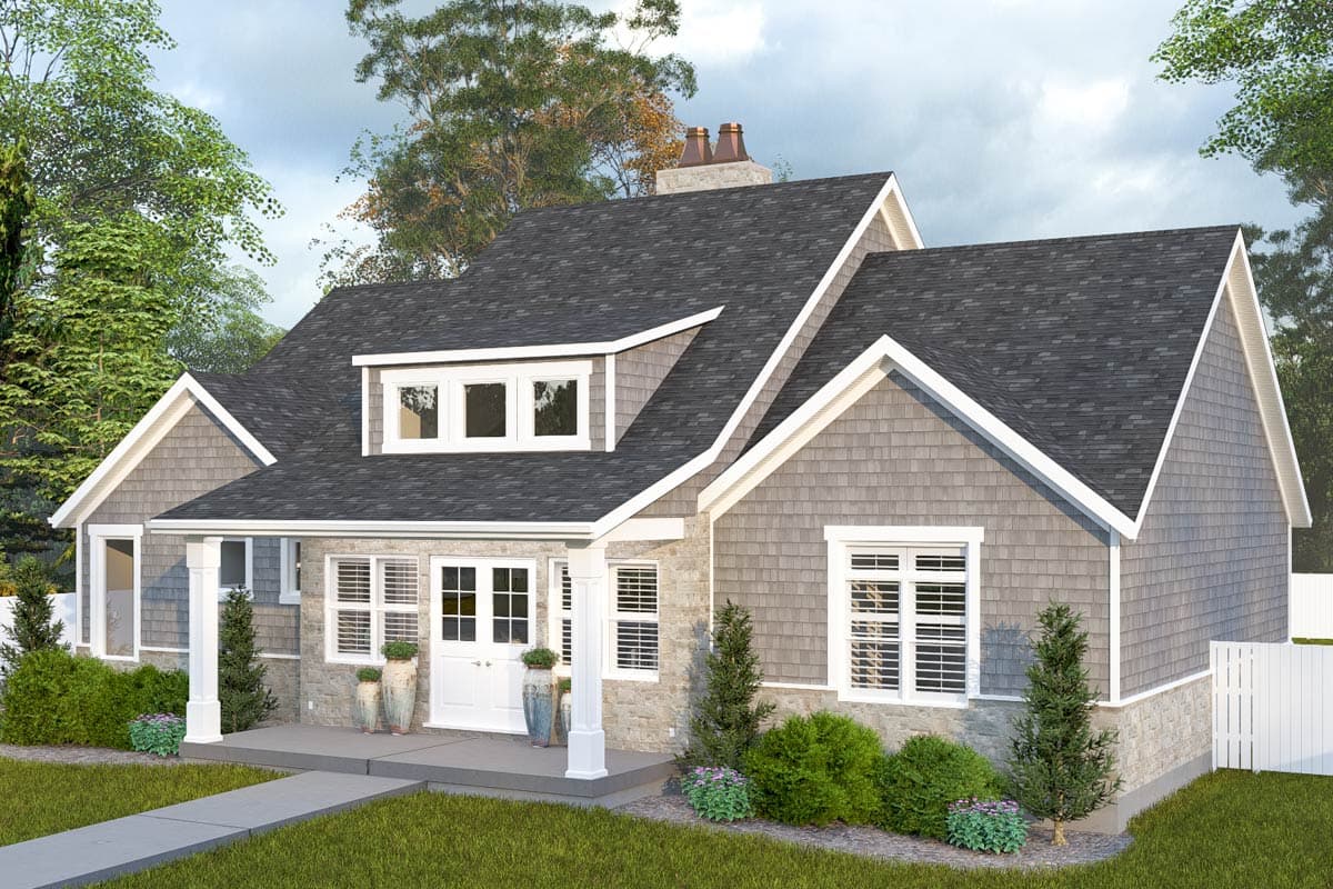 House plan exterior. Two-story Modern Farmhouse with stone and shingle siding, prominent gables, dormer, and covered porch.