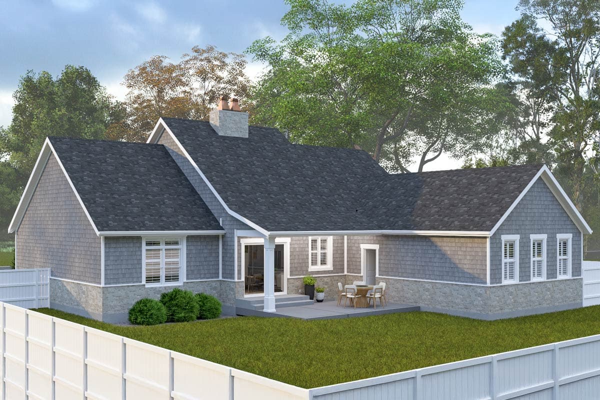 House plan exterior: Ranch style, one story, with gabled roofs, stone foundation, and covered porch.