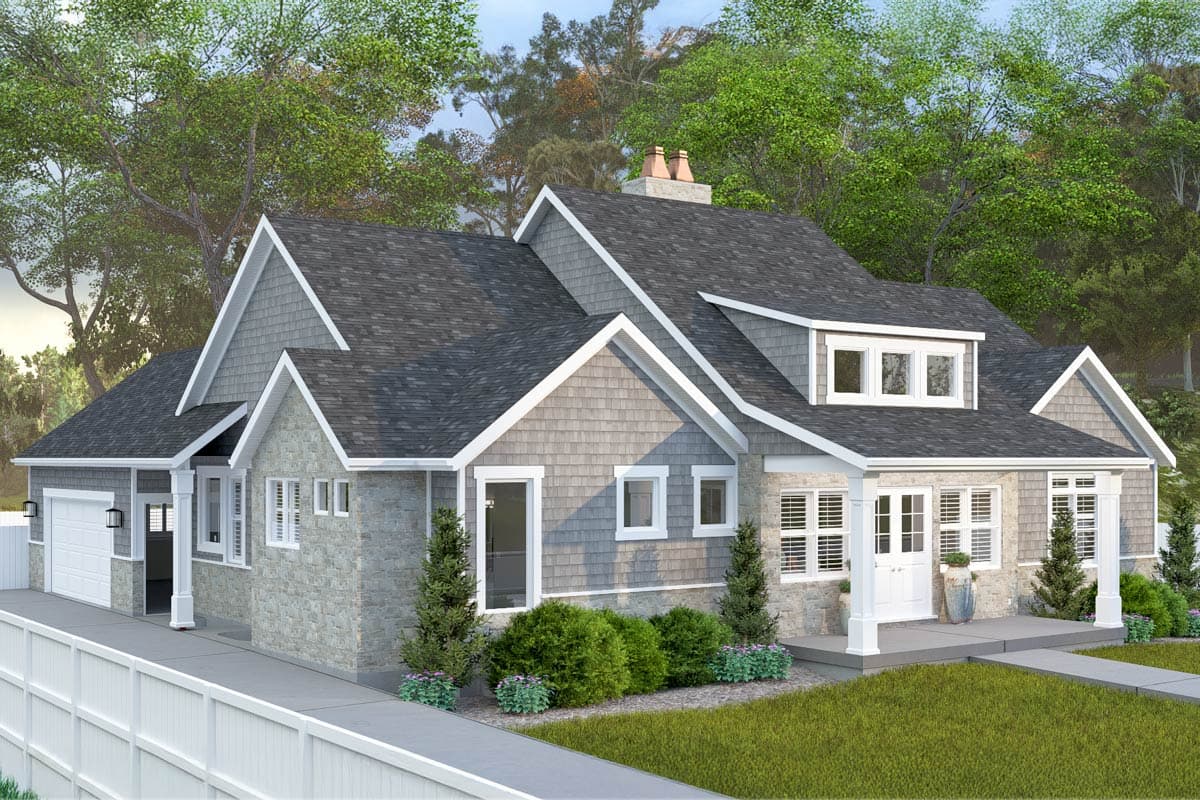 House plan exterior: Modern Farmhouse style, two stories, gabled roof, covered front porch with columns, and side-entry garage.
