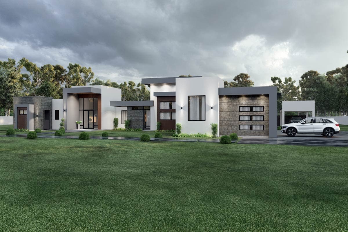 House plan exterior. Modern style, single story. Features include flat roof, stone facade accents, and attached garage. Large windows and entry.