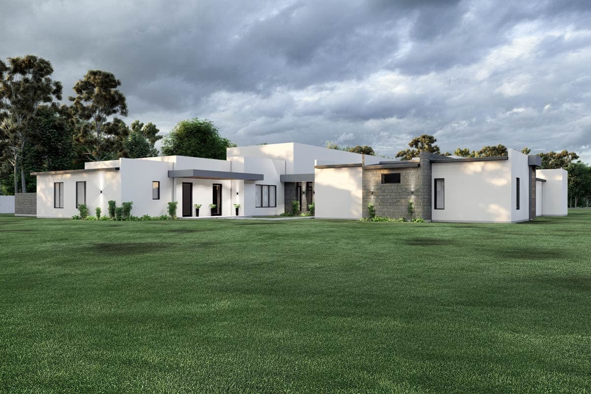 Modern single-story house plan exterior with flat rooflines, white stucco walls, stone accents, and prominent overhangs.