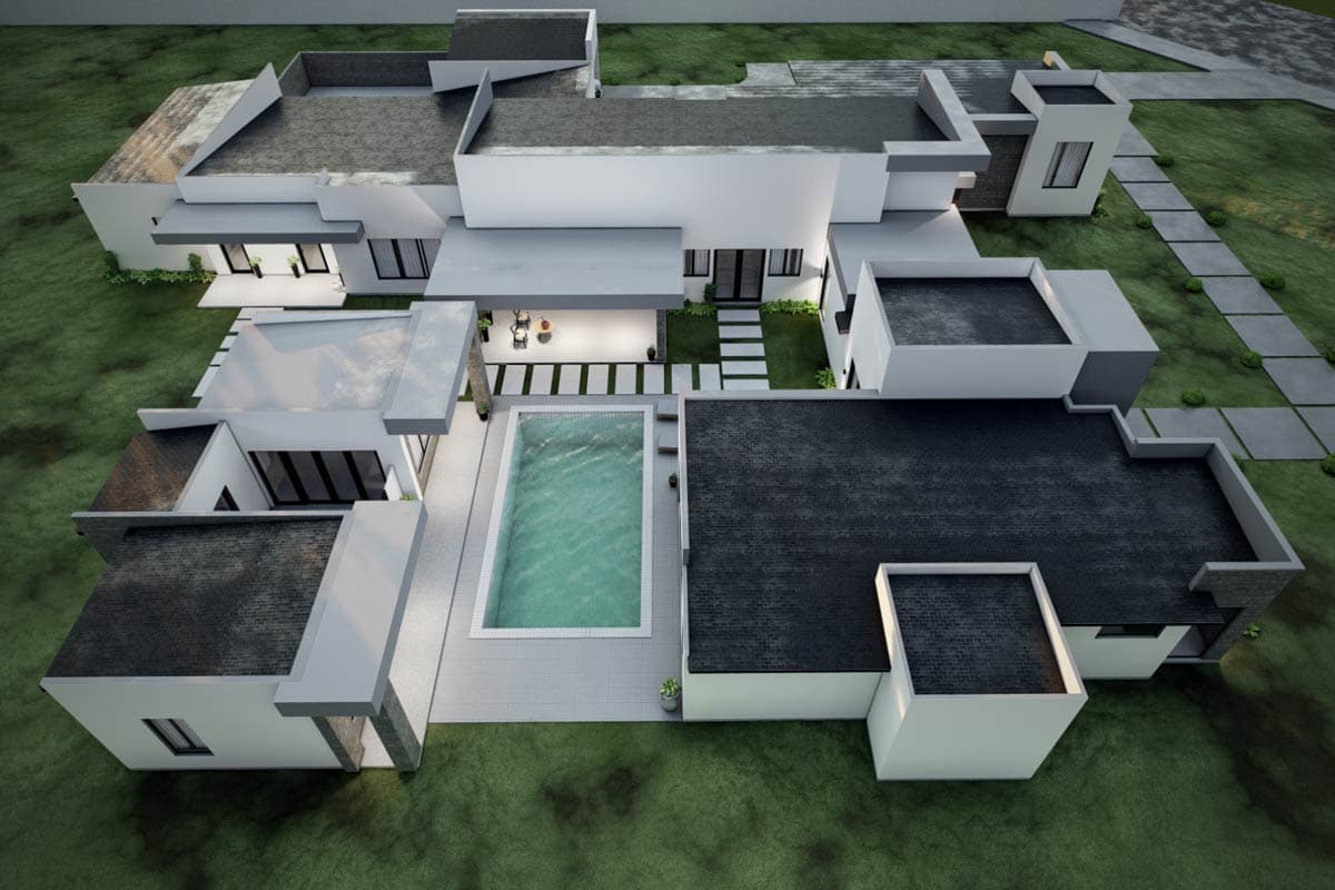 Modern house plan exterior with multiple flat roofs, geometric volumes, a central courtyard pool, and a detached garage.