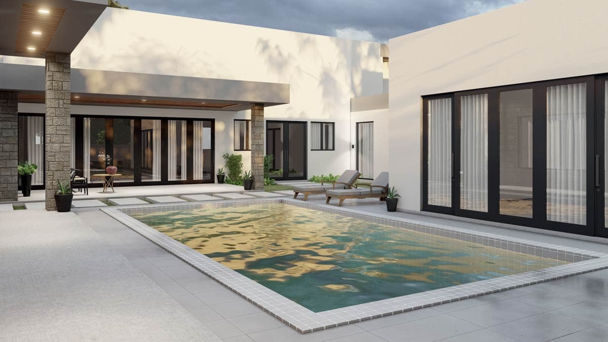 House plan exterior with a rectangular pool, covered patio, stone columns, and glass sliding doors.